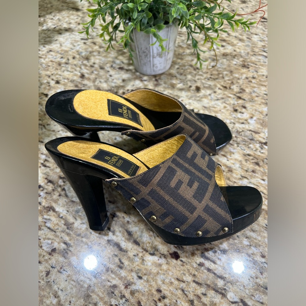 FENDI Zucca Wooden Clogs w/ Gold Studs Sandals 36